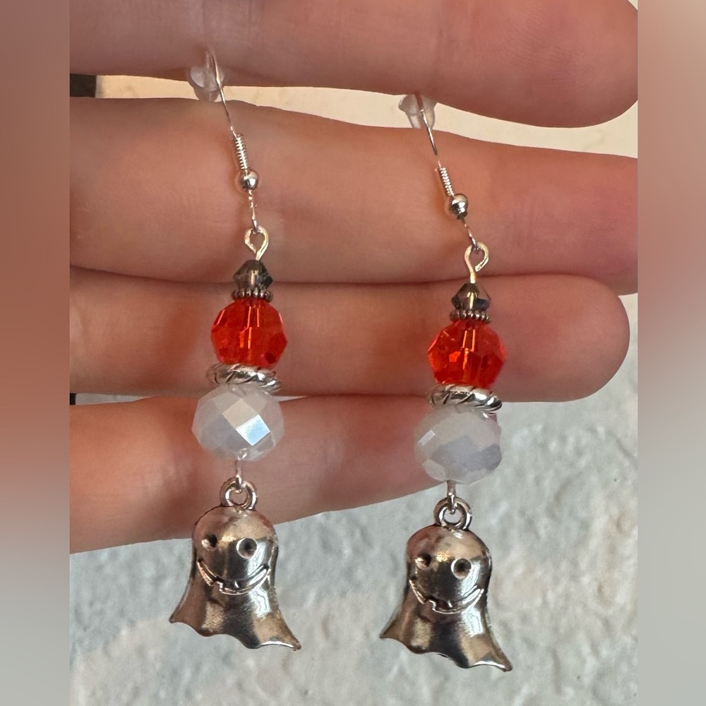 Silver and Orange Beaded Ghost Earrings
